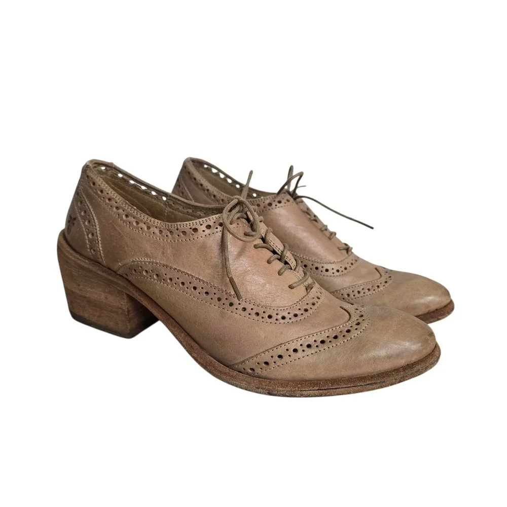 Frye Jillian Oxford Heels Womens Size 10B Tan Leather Wingtip Brogue Block Heel